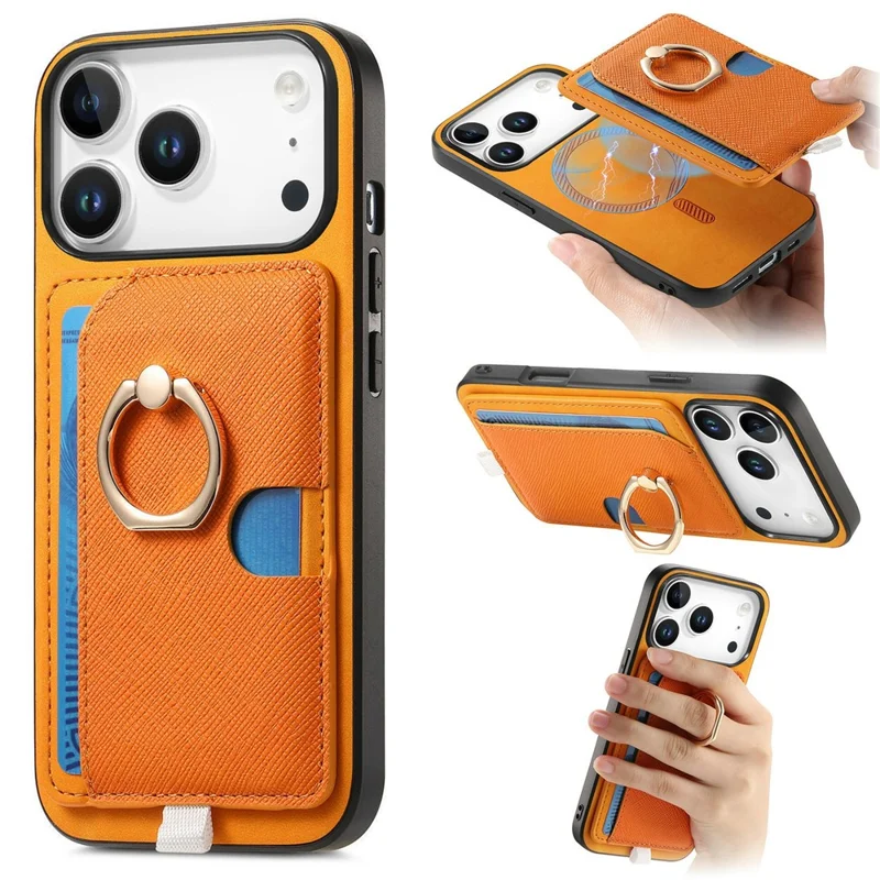 For iPhone 17 Pro Max Case Ring Kickstand Leather + TPU + PC Phone Cover with Detachable Card Holder - Orange