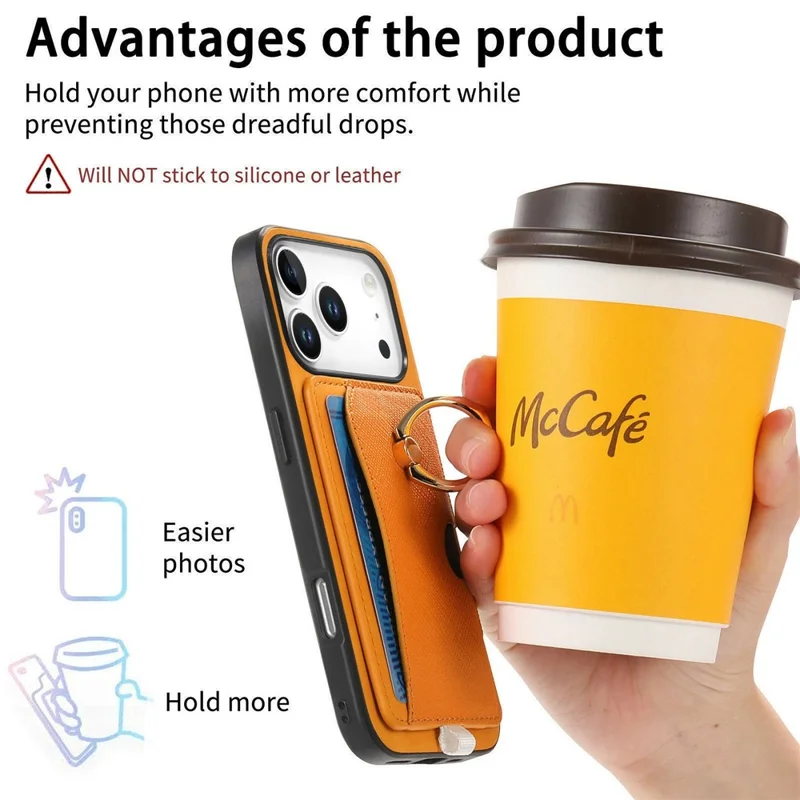 For iPhone 17 Pro Max Case Ring Kickstand Leather + TPU + PC Phone Cover with Detachable Card Holder - Orange