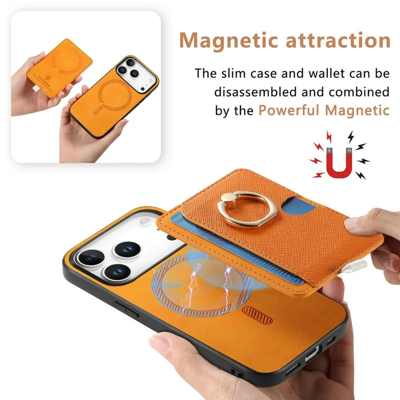For iPhone 17 Pro Max Case Ring Kickstand Leather + TPU + PC Phone Cover with Detachable Card Holder - Orange