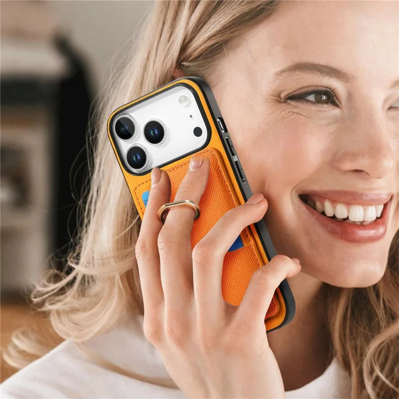 For iPhone 17 Pro Max Case Ring Kickstand Leather + TPU + PC Phone Cover with Detachable Card Holder - Orange