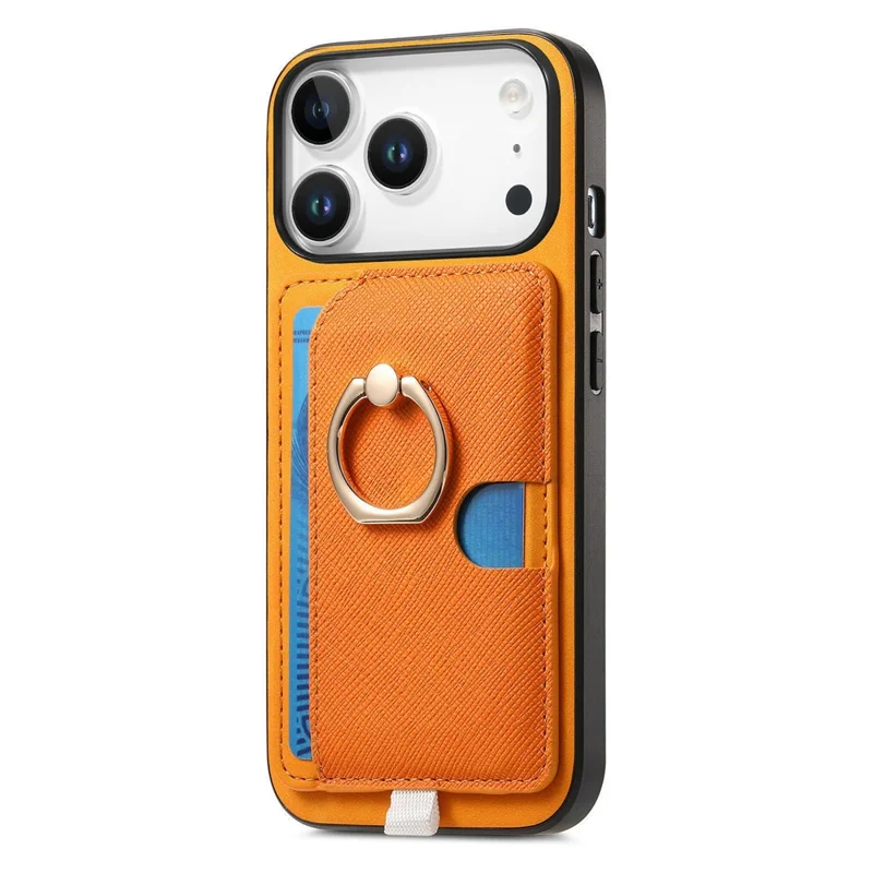 For iPhone 17 Pro Max Case Ring Kickstand Leather + TPU + PC Phone Cover with Detachable Card Holder - Orange