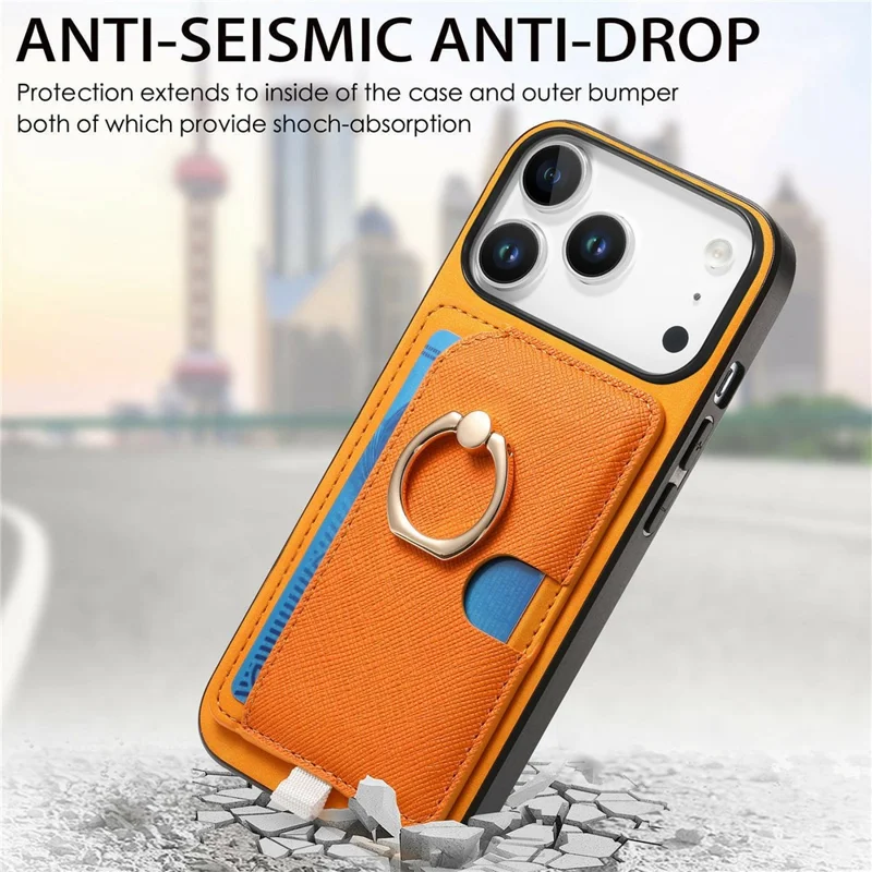 For iPhone 17 Pro Max Case Ring Kickstand Leather + TPU + PC Phone Cover with Detachable Card Holder - Orange