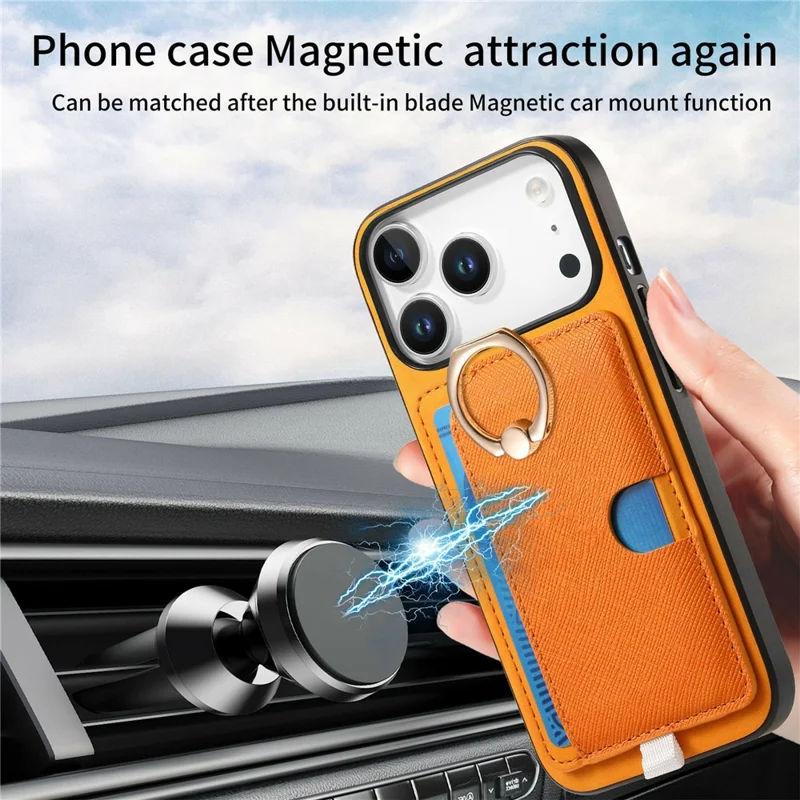 For iPhone 17 Pro Max Case Ring Kickstand Leather + TPU + PC Phone Cover with Detachable Card Holder - Orange