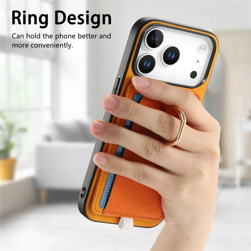 For iPhone 17 Pro Max Case Ring Kickstand Leather + TPU + PC Phone Cover with Detachable Card Holder - Orange