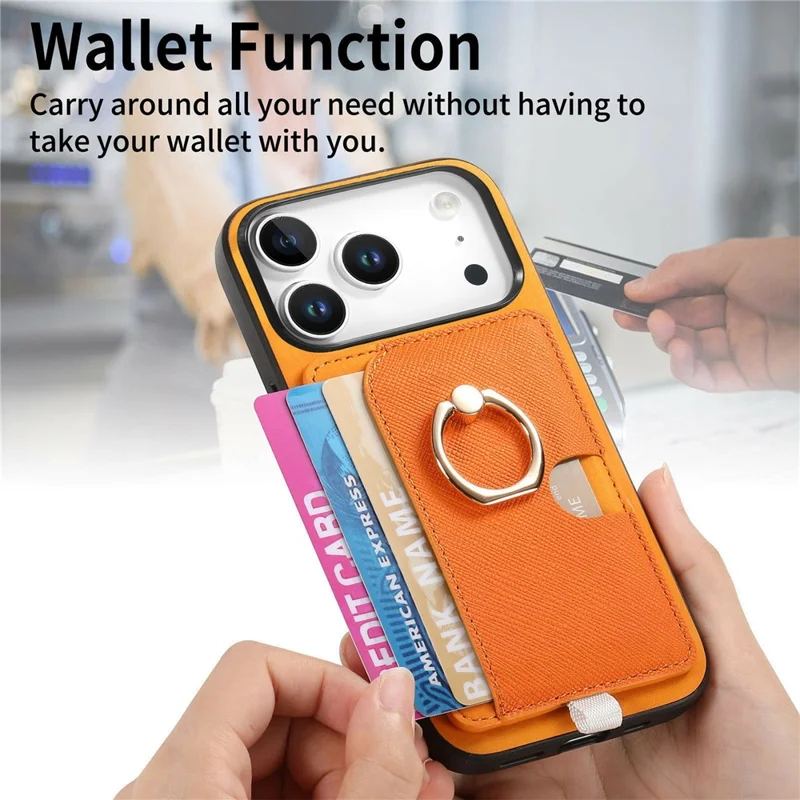 For iPhone 17 Pro Max Case Ring Kickstand Leather + TPU + PC Phone Cover with Detachable Card Holder - Orange