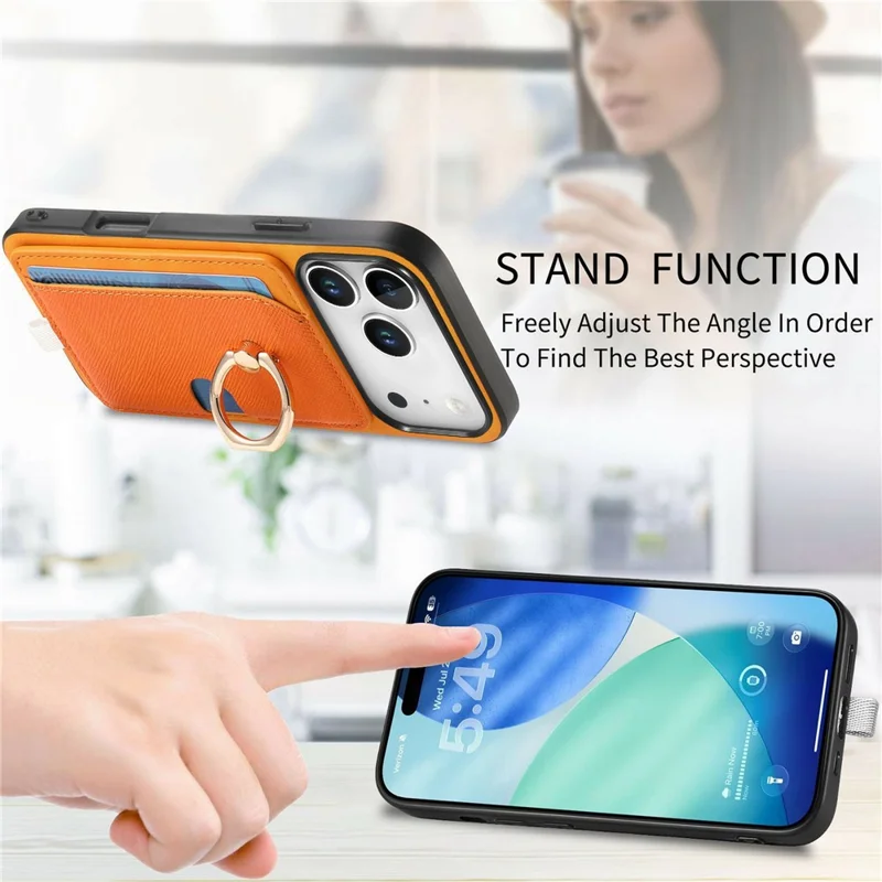 For iPhone 17 Pro Max Case Ring Kickstand Leather + TPU + PC Phone Cover with Detachable Card Holder - Orange