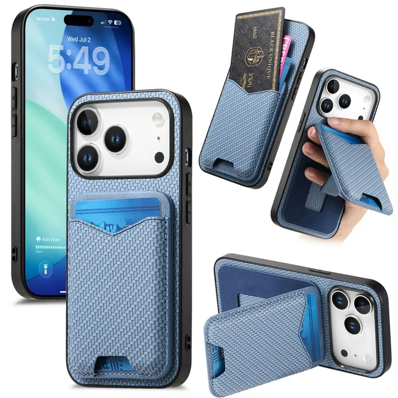 For iPhone 17 Pro Max Case Card Holder Kickstand Carbon Fiber Texture Back Cover - Blue