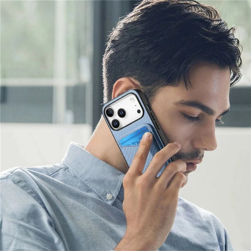 For iPhone 17 Pro Max Case Card Holder Kickstand Carbon Fiber Texture Back Cover - Blue