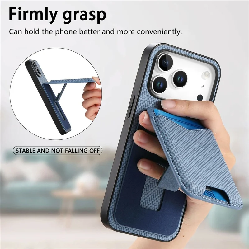 For iPhone 17 Pro Max Case Card Holder Kickstand Carbon Fiber Texture Back Cover - Blue