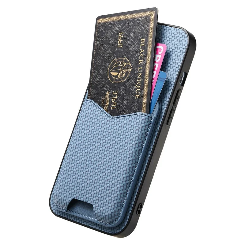 For iPhone 17 Pro Max Case Card Holder Kickstand Carbon Fiber Texture Back Cover - Blue