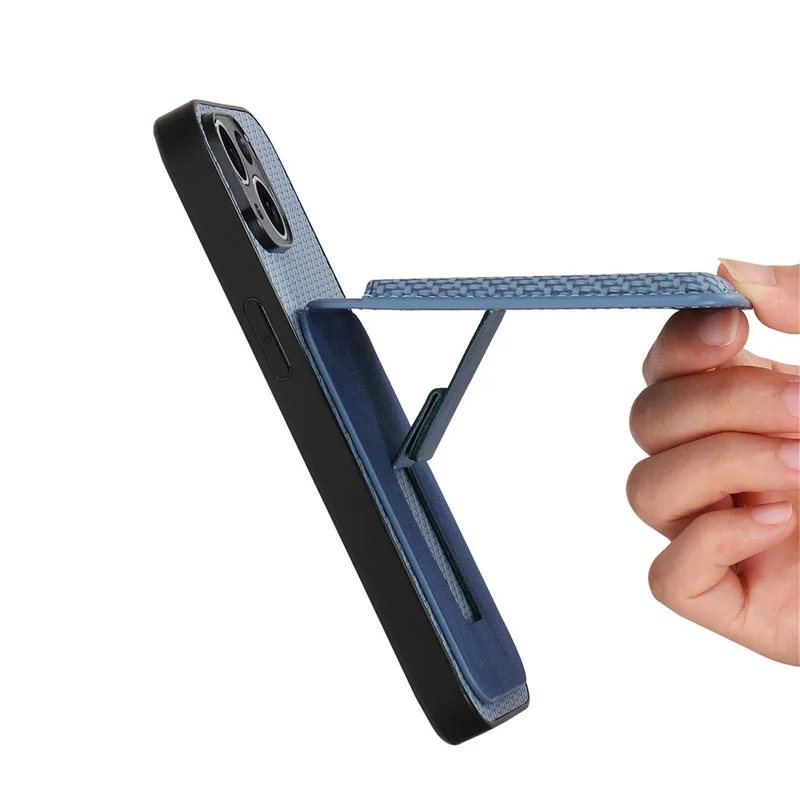 For iPhone 17 Pro Max Case Card Holder Kickstand Carbon Fiber Texture Back Cover - Blue