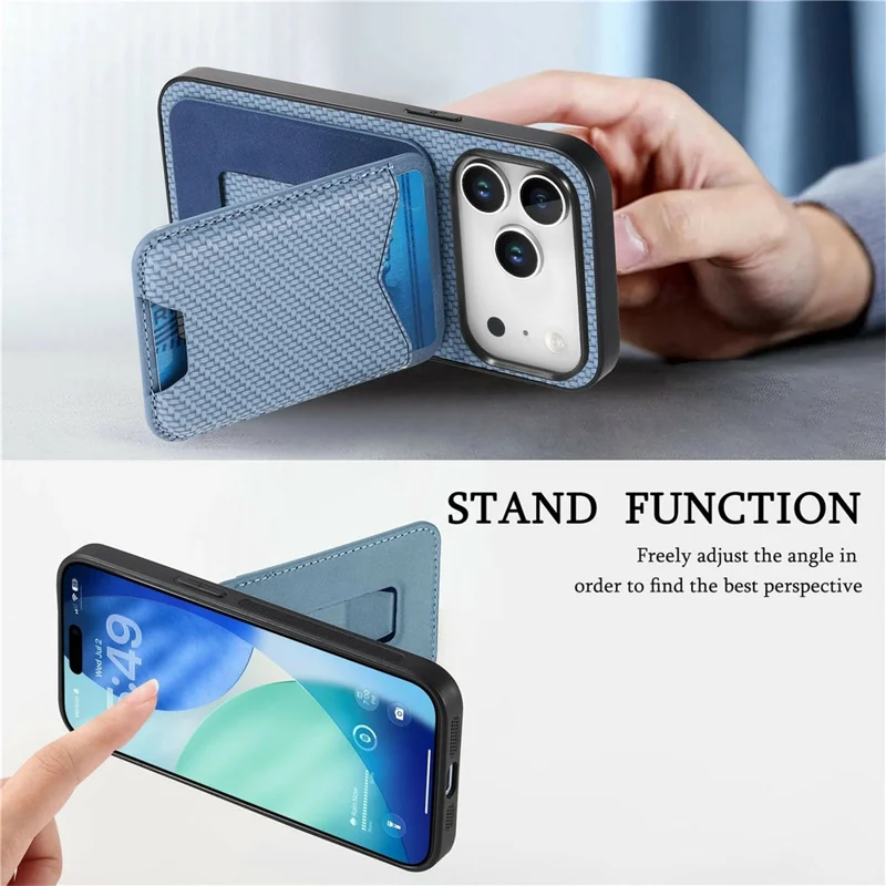 For iPhone 17 Pro Max Case Card Holder Kickstand Carbon Fiber Texture Back Cover - Blue
