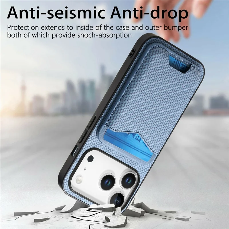 For iPhone 17 Pro Max Case Card Holder Kickstand Carbon Fiber Texture Back Cover - Blue