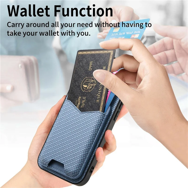 For iPhone 17 Pro Max Case Card Holder Kickstand Carbon Fiber Texture Back Cover - Blue