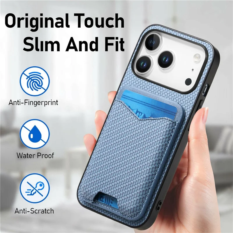 For iPhone 17 Pro Max Case Card Holder Kickstand Carbon Fiber Texture Back Cover - Blue