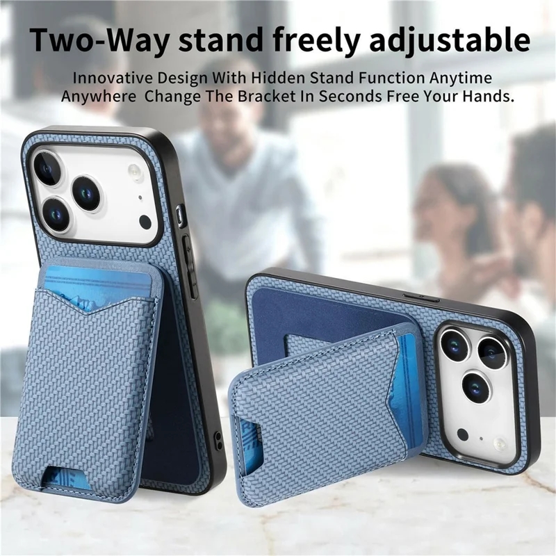 For iPhone 17 Pro Max Case Card Holder Kickstand Carbon Fiber Texture Back Cover - Blue