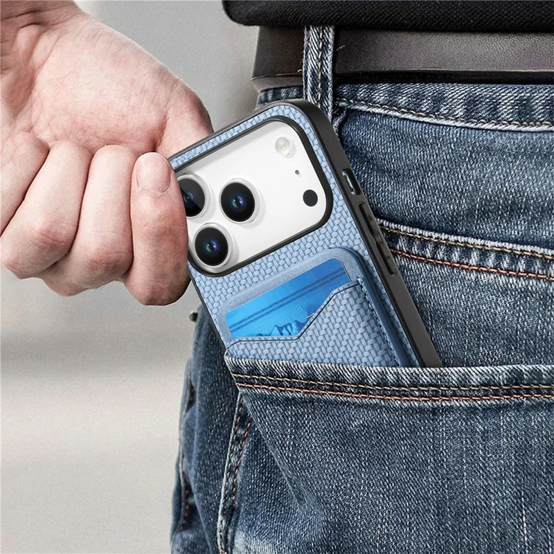 For iPhone 17 Pro Max Case Card Holder Kickstand Carbon Fiber Texture Back Cover - Blue