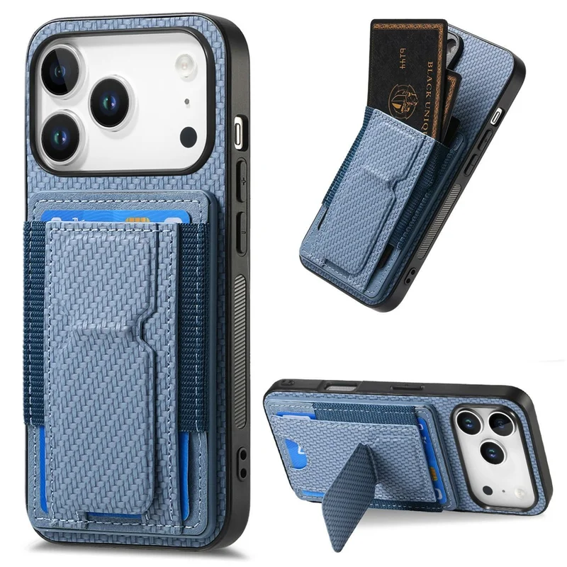 For iPhone 17 Pro Max Case with Card Holder Kickstand Fiber Pattern Leather Back Cover - Blue