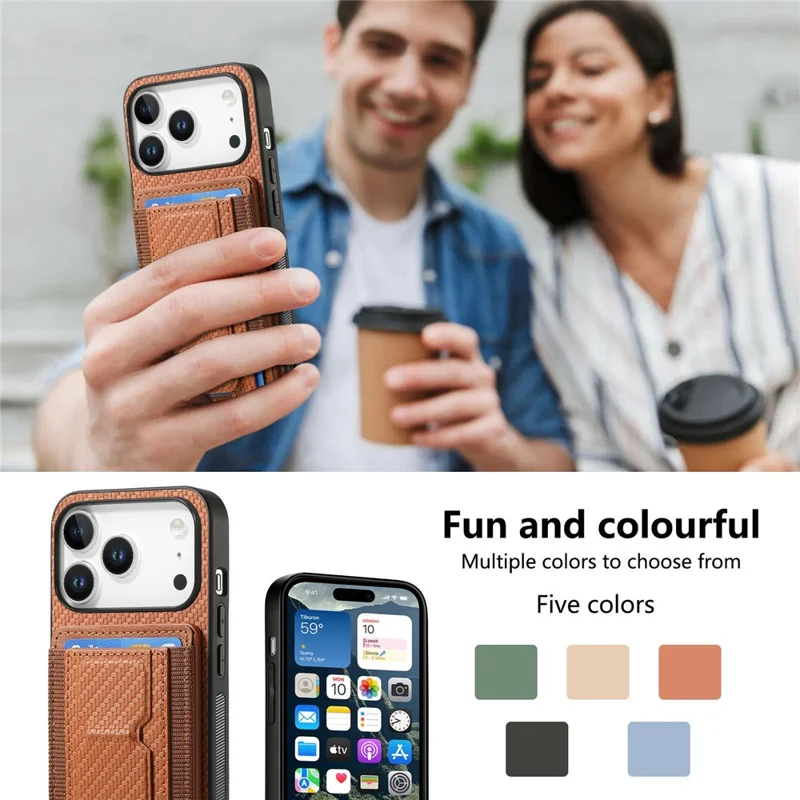 For iPhone 17 Pro Max Case with Card Holder Kickstand Fiber Pattern Leather Back Cover - Blue