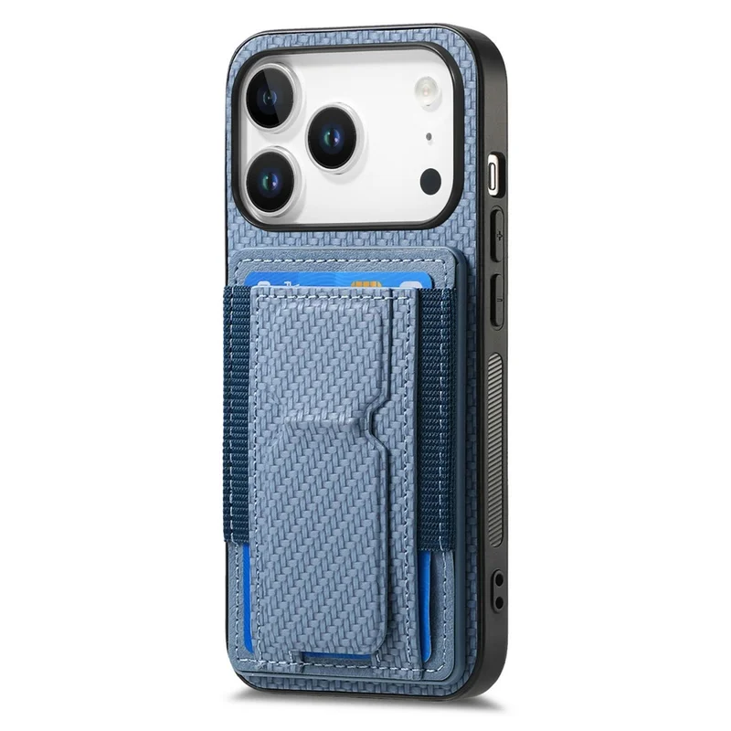 For iPhone 17 Pro Max Case with Card Holder Kickstand Fiber Pattern Leather Back Cover - Blue