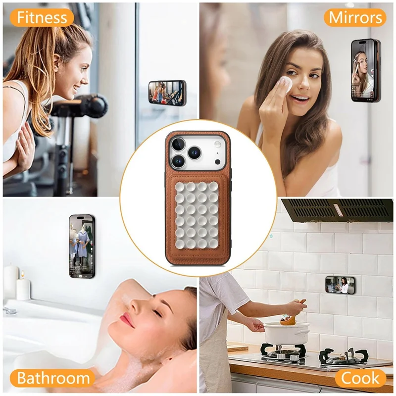 For iPhone 17 Pro Max Case Carbon Fiber Texture Leather Back Cover with Magnetic Detachable Suction Cup - Brown