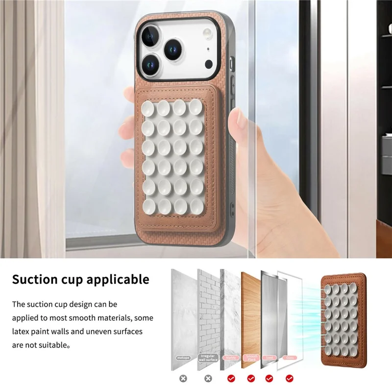 For iPhone 17 Pro Max Case Carbon Fiber Texture Leather Back Cover with Magnetic Detachable Suction Cup - Brown