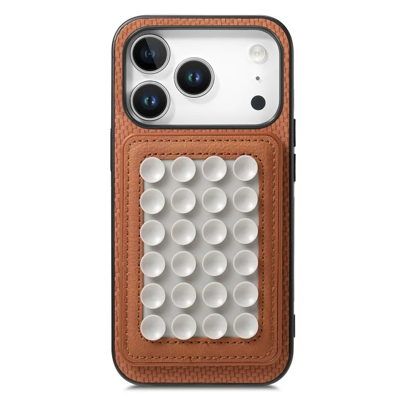 For iPhone 17 Pro Max Case Carbon Fiber Texture Leather Back Cover with Magnetic Detachable Suction Cup - Brown