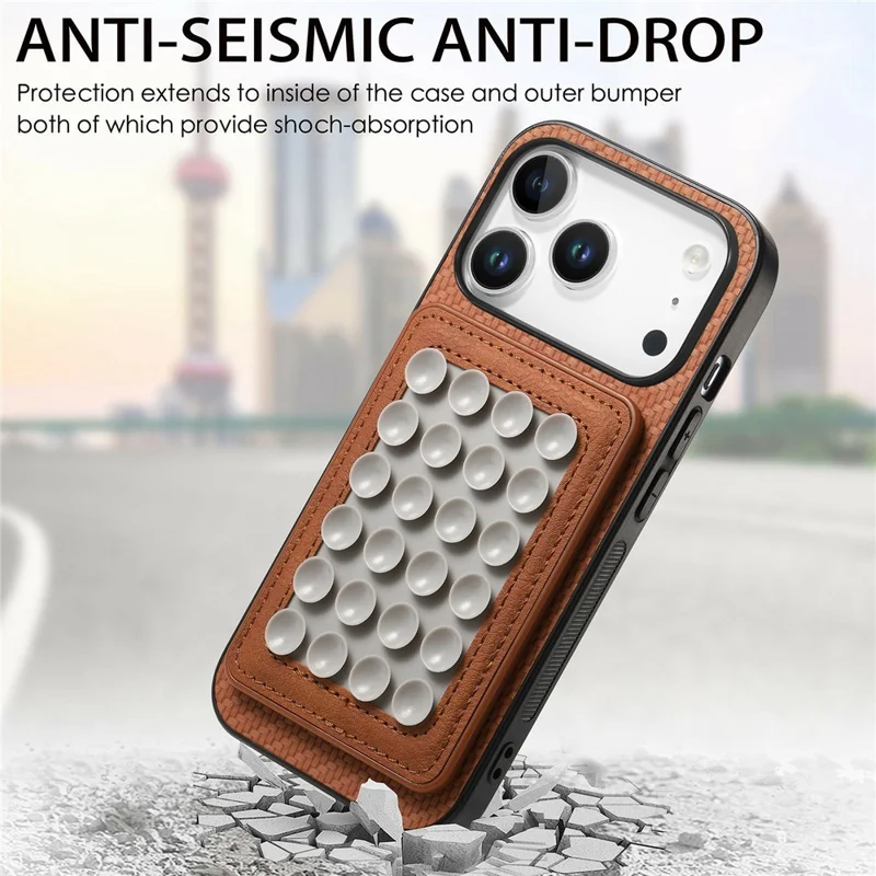 For iPhone 17 Pro Max Case Carbon Fiber Texture Leather Back Cover with Magnetic Detachable Suction Cup - Brown