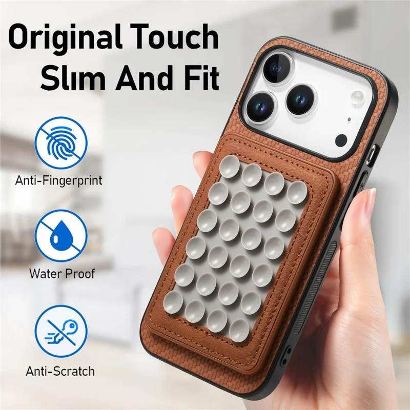 For iPhone 17 Pro Max Case Carbon Fiber Texture Leather Back Cover with Magnetic Detachable Suction Cup - Brown