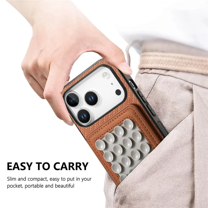 For iPhone 17 Pro Max Case Carbon Fiber Texture Leather Back Cover with Magnetic Detachable Suction Cup - Brown