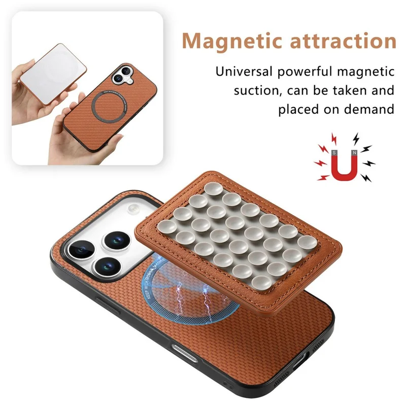 For iPhone 17 Pro Max Case Carbon Fiber Texture Leather Back Cover with Magnetic Detachable Suction Cup - Brown