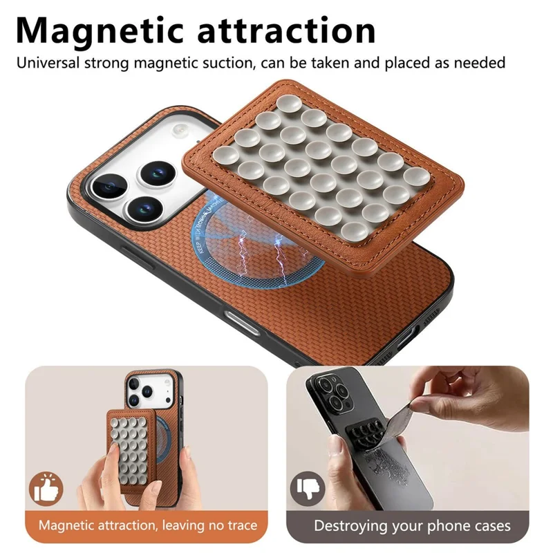 For iPhone 17 Pro Max Case Carbon Fiber Texture Leather Back Cover with Magnetic Detachable Suction Cup - Brown
