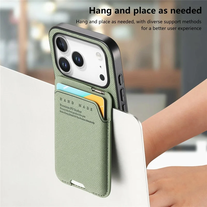 For iPhone 17 Pro Max Case Cloth Texture Leather + PC + TPU Phone Cover with Card Holder Kickstand - Green