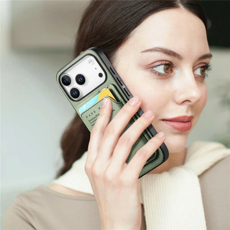 For iPhone 17 Pro Max Case Cloth Texture Leather + PC + TPU Phone Cover with Card Holder Kickstand - Green