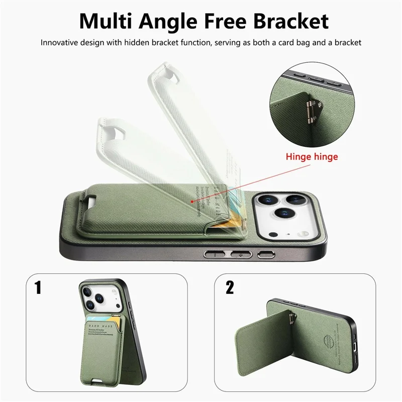 For iPhone 17 Pro Max Case Cloth Texture Leather + PC + TPU Phone Cover with Card Holder Kickstand - Green
