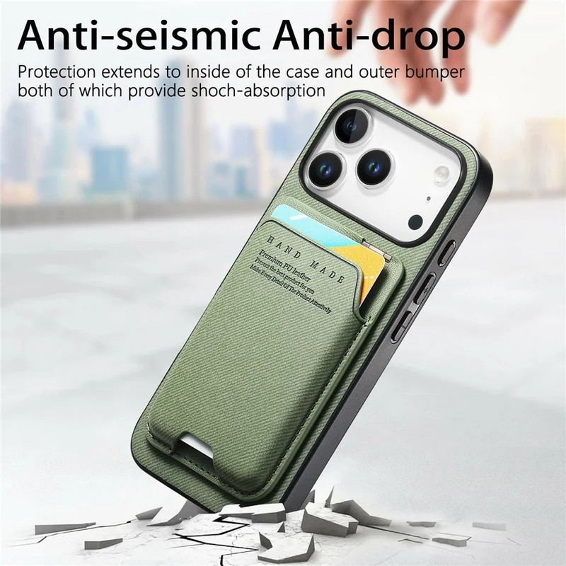 For iPhone 17 Pro Max Case Cloth Texture Leather + PC + TPU Phone Cover with Card Holder Kickstand - Green