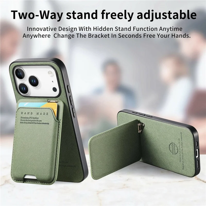 For iPhone 17 Pro Max Case Cloth Texture Leather + PC + TPU Phone Cover with Card Holder Kickstand - Green
