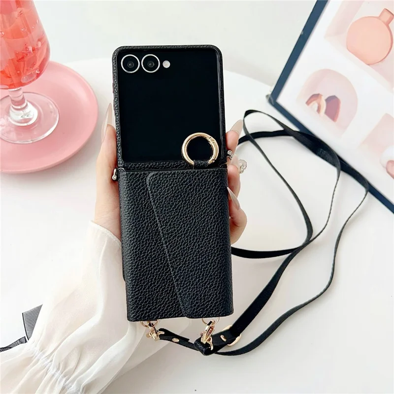 For Samsung Galaxy Z Flip7 5G Case Card Holder Litchi Texture Leather Phone Cover with Shoulder Strap - Black