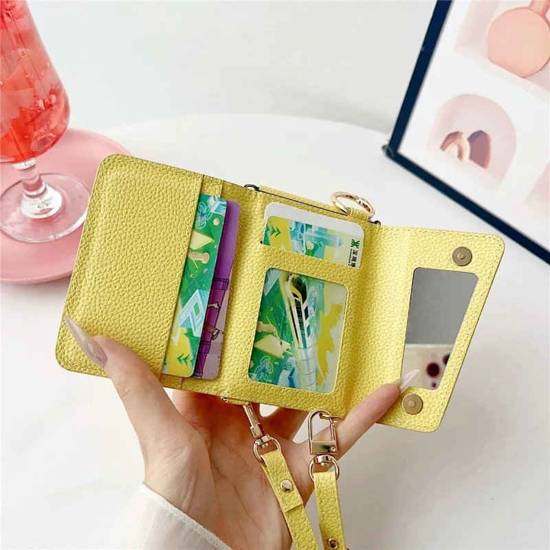 For Samsung Galaxy Z Flip7 5G Case Card Holder Litchi Texture Leather Phone Cover with Shoulder Strap - Black