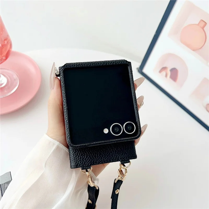 For Samsung Galaxy Z Flip7 5G Case Card Holder Litchi Texture Leather Phone Cover with Shoulder Strap - Black