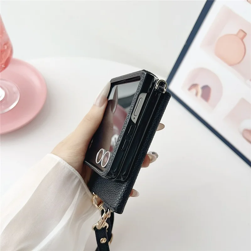 For Samsung Galaxy Z Flip7 5G Case Card Holder Litchi Texture Leather Phone Cover with Shoulder Strap - Black
