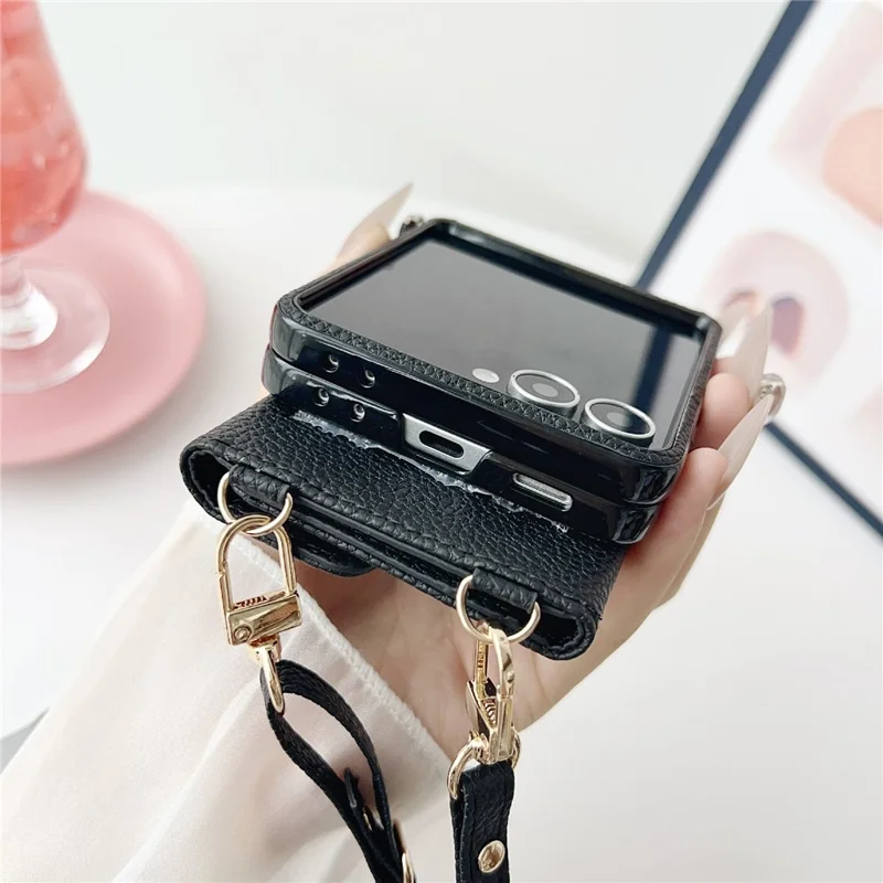 For Samsung Galaxy Z Flip7 5G Case Card Holder Litchi Texture Leather Phone Cover with Shoulder Strap - Black