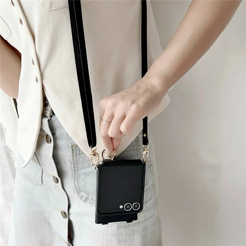 For Samsung Galaxy Z Flip7 5G Case Card Holder Litchi Texture Leather Phone Cover with Shoulder Strap - Black