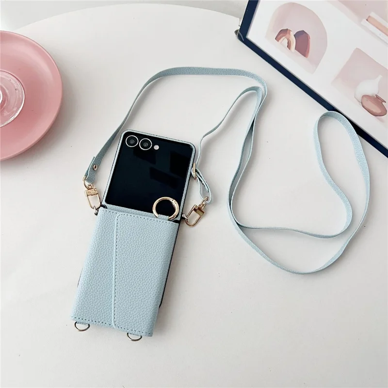 For Samsung Galaxy Z Flip7 5G Case Card Holder Litchi Texture Leather Phone Cover with Shoulder Strap - Black
