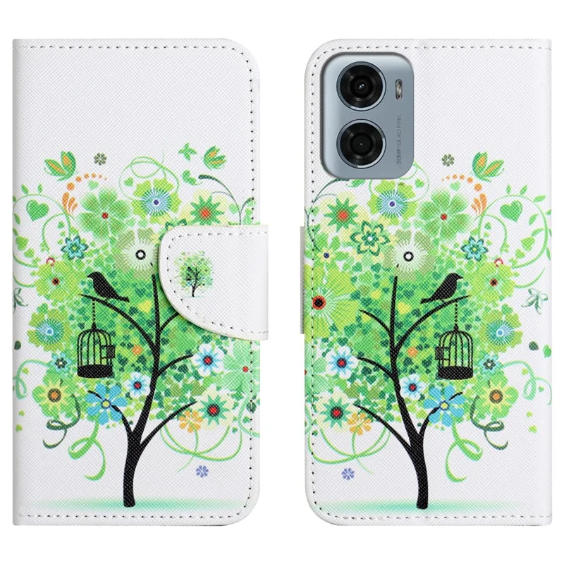 For Motorola Moto G06 4G Case Pattern Printing Cross Texture Leather Phone Cover - Green Tree