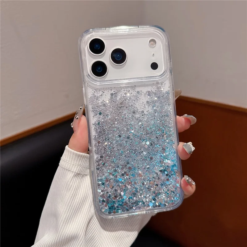 For iPhone 17 Pro Case Silver-blue Glitter Liquid Quicksand TPU + PC Phone Cover