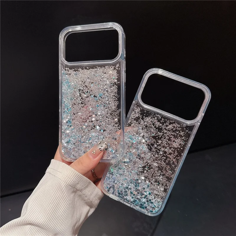 For iPhone 17 Pro Case Silver-blue Glitter Liquid Quicksand TPU + PC Phone Cover