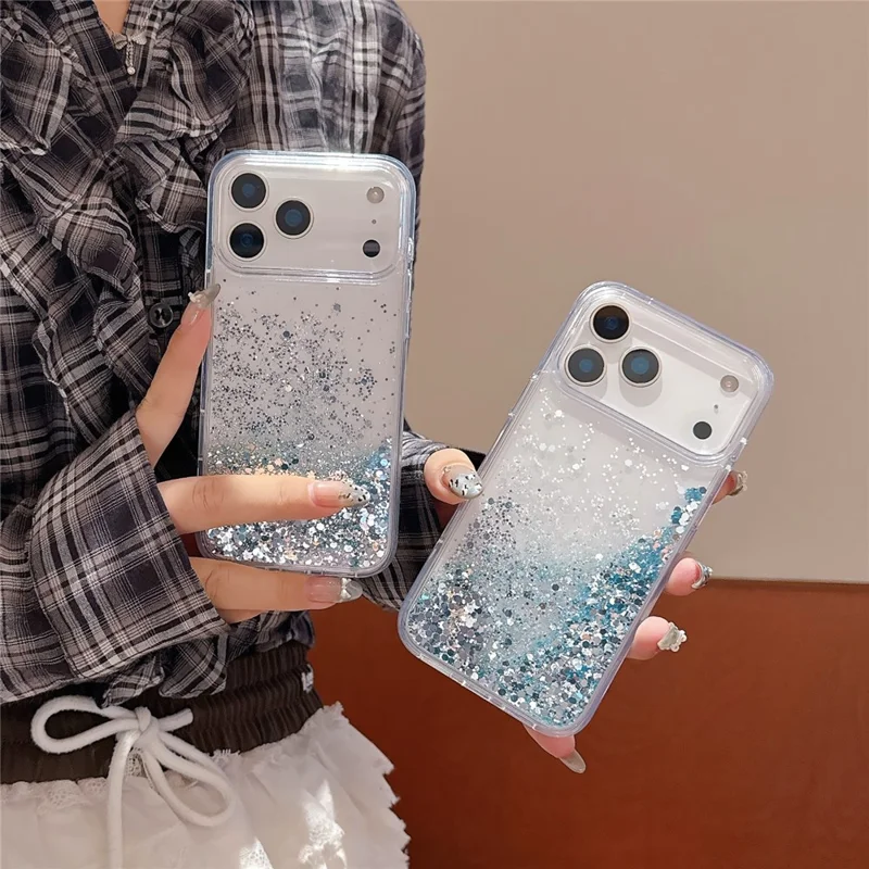For iPhone 17 Pro Case Silver-blue Glitter Liquid Quicksand TPU + PC Phone Cover