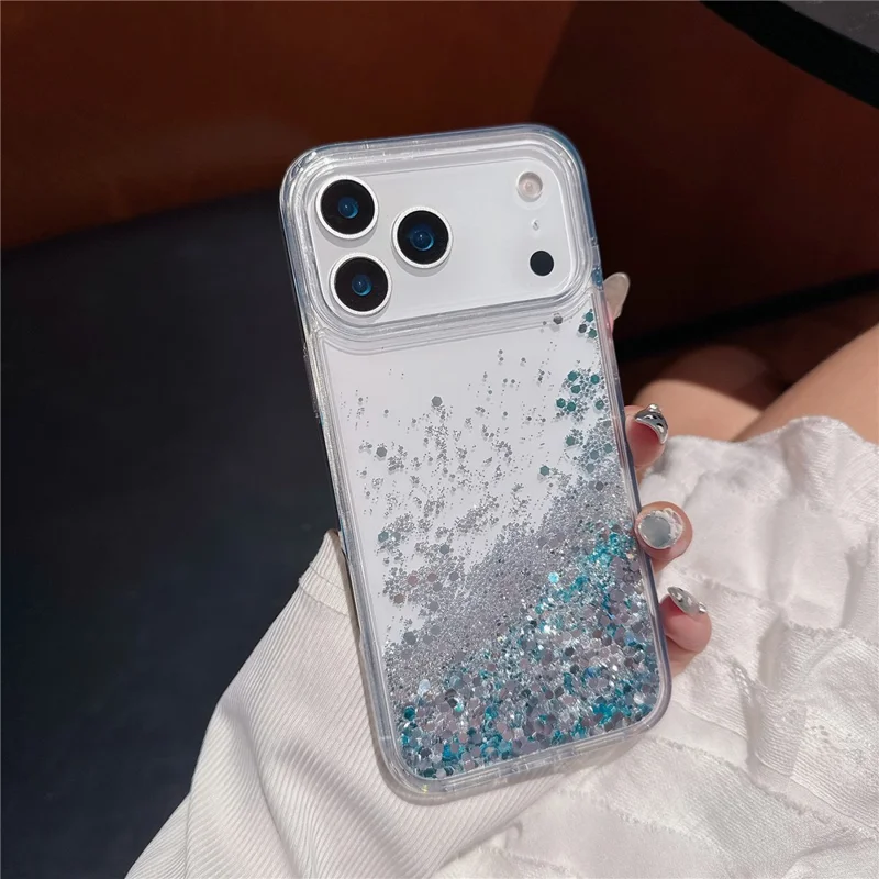For iPhone 17 Pro Max Case Silver-blue Glitter Liquid Quicksand TPU + PC Phone Cover