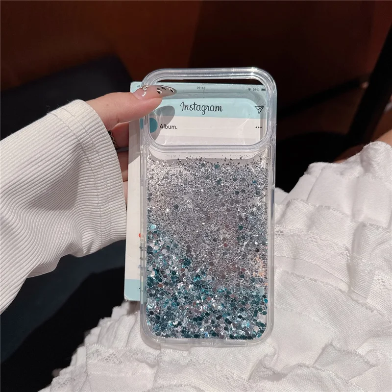 For iPhone 17 Pro Max Case Silver-blue Glitter Liquid Quicksand TPU + PC Phone Cover